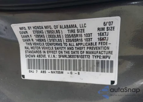 2007 Honda Odyssey Lx z USA, uszkodzony, nr VIN 5FNRL38207B102772